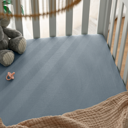 Muslin Fitted Crib Sheets, 2 Pack in Pacific Blue and Heather