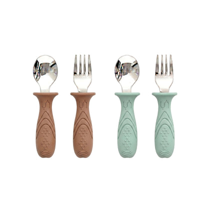 Stainless Steel Self Feeding Utensil Set of 4 (Mocha Mousse & Sage Green)