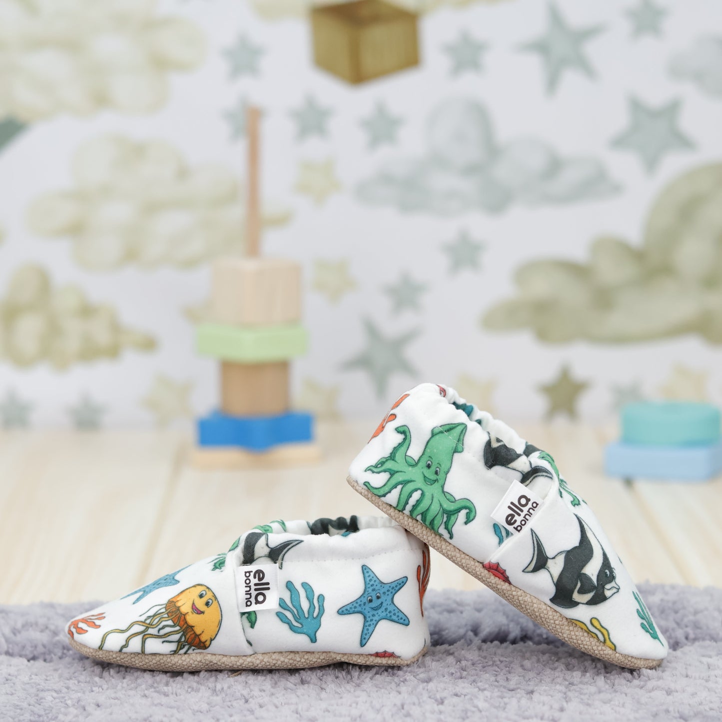 Ella Bonna Non-Slip Sole Sea Animals Patterned Baby Booties, Home Boot Slippers Nursery Shoes