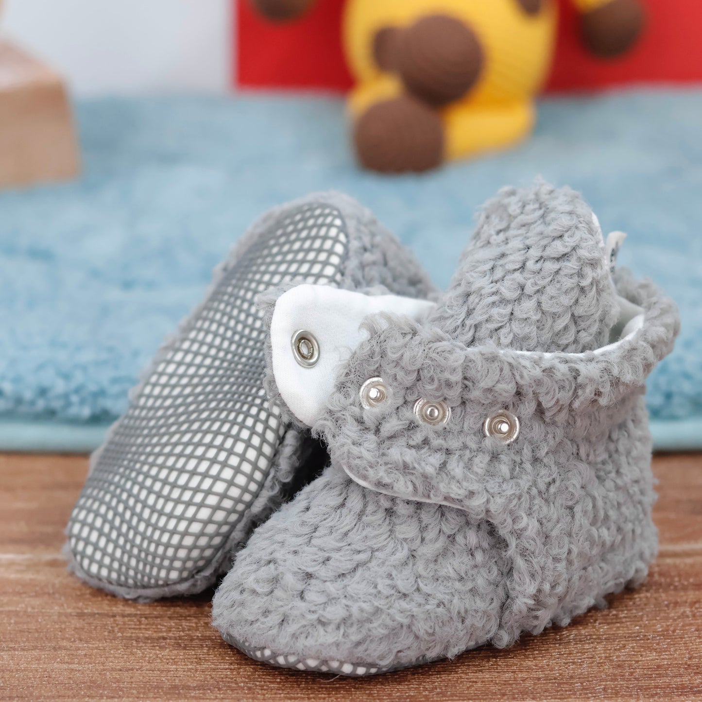 Non-Slip Sole, Organic Cotton Inner Lining,Newborn Shoes ,Tedy Booties, Gray Baby Booties
