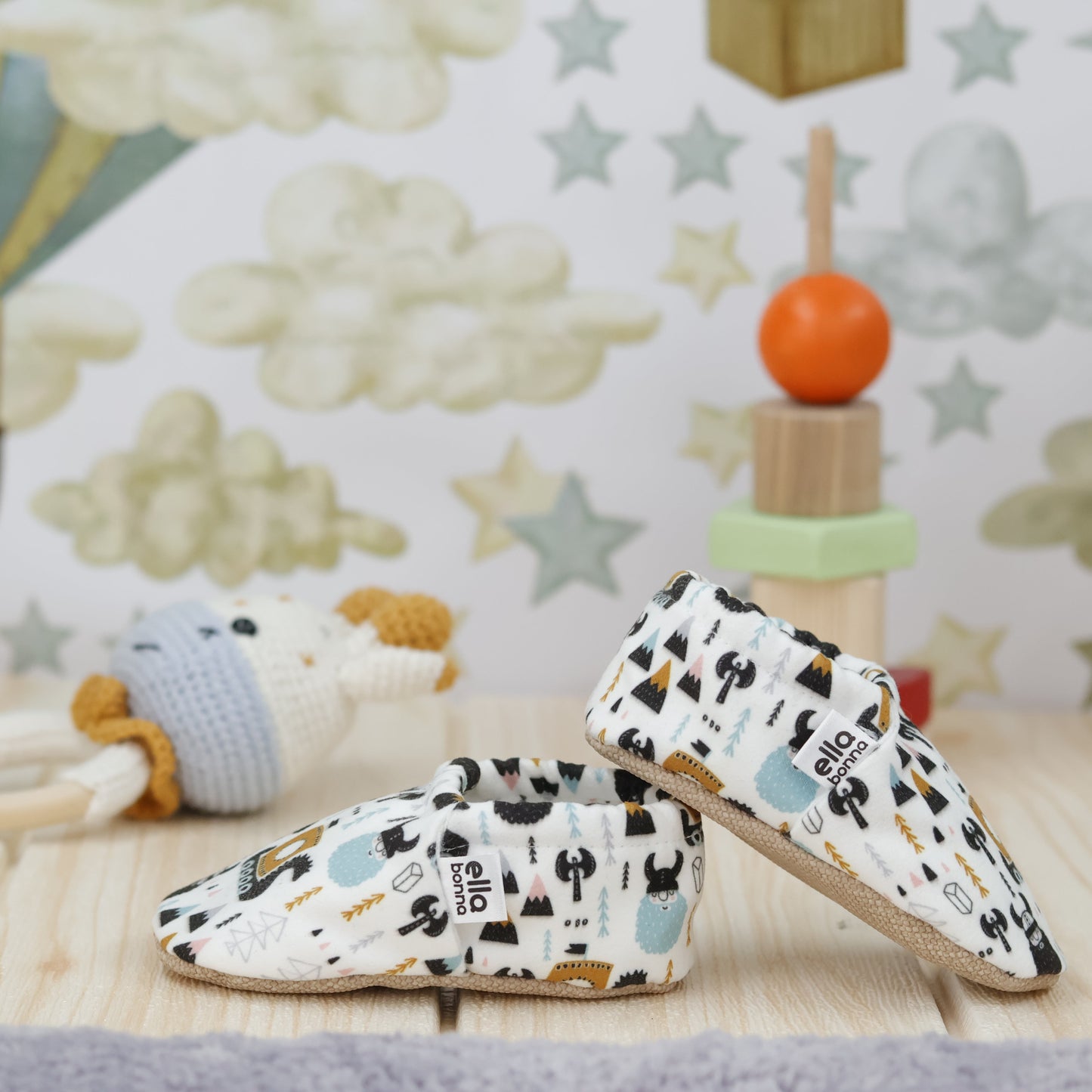 Ella Bonna Non-Slip Sole Viking Patterned Baby Booties, Home Boot Slippers Nursery Shoes