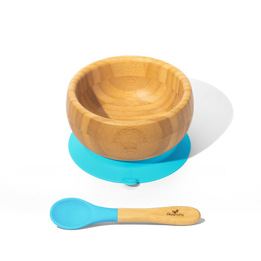 Baby Bamboo Stay Put Suction Bowl + Spoon , Blue