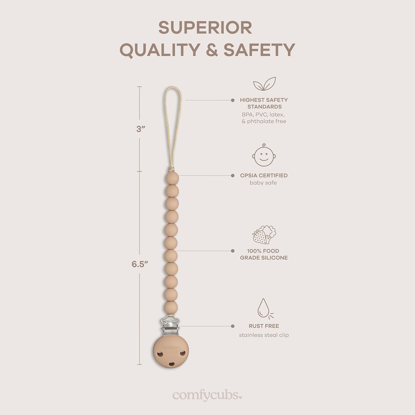 Pacifier Clips in Beige, 2 Pack