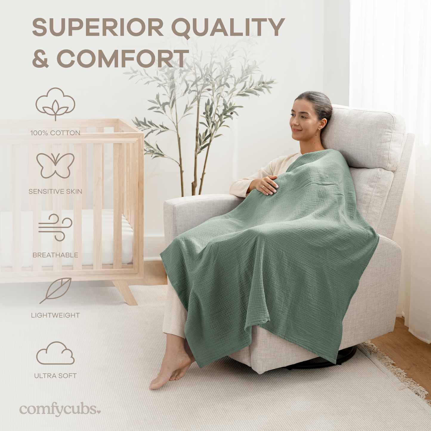 Muslin Swaddle Blankets Pack of 3, 42” x 42” in Neptune, Pacific Blue, Fern