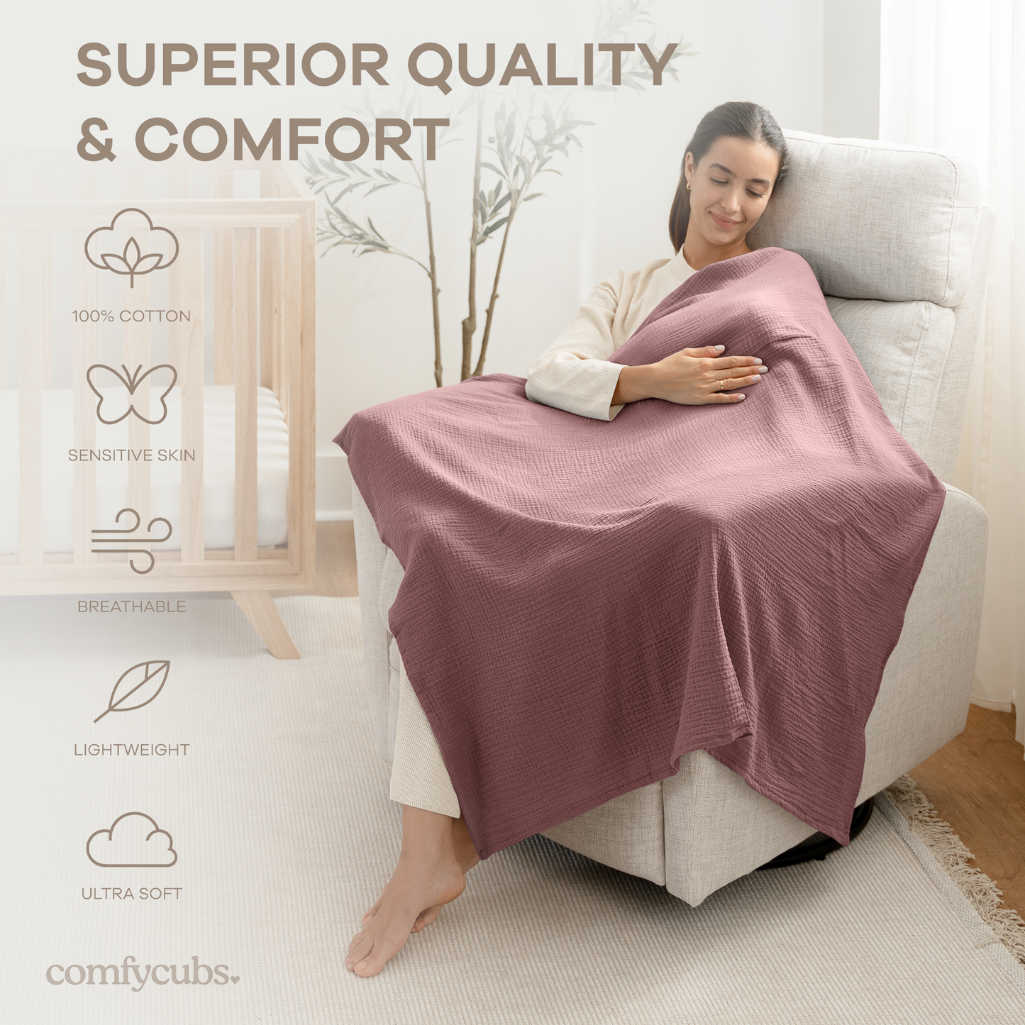 Muslin Swaddle Blankets Pack of 3, 42” x 42” in Cream, Blush, Mauve