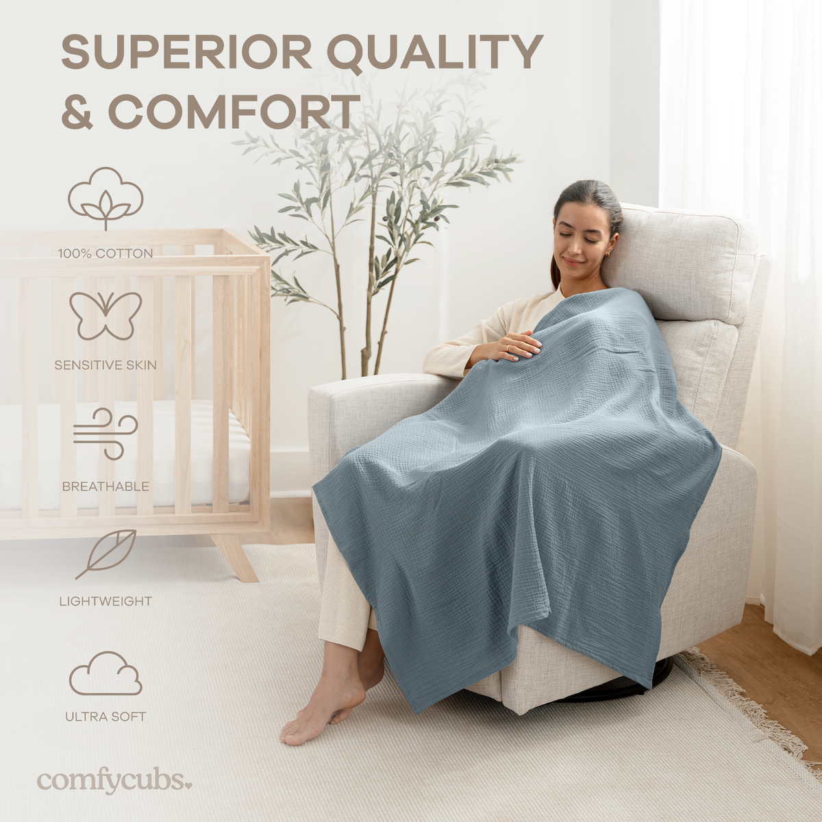 Muslin Swaddle Blankets Pack of 3, 42” x 42” in Heather Blue, Pacific Blue, Fern