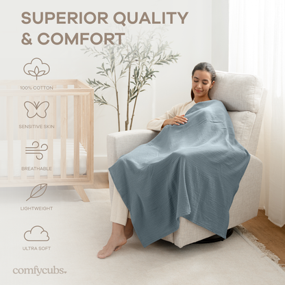 Muslin Swaddle Blankets Pack of 3, 42” x 42” in Heather Blue, Pacific Blue, Fern