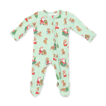 Vintage Reindeer & Santa Uni - Bamboo - 2 Way Zipper Footie