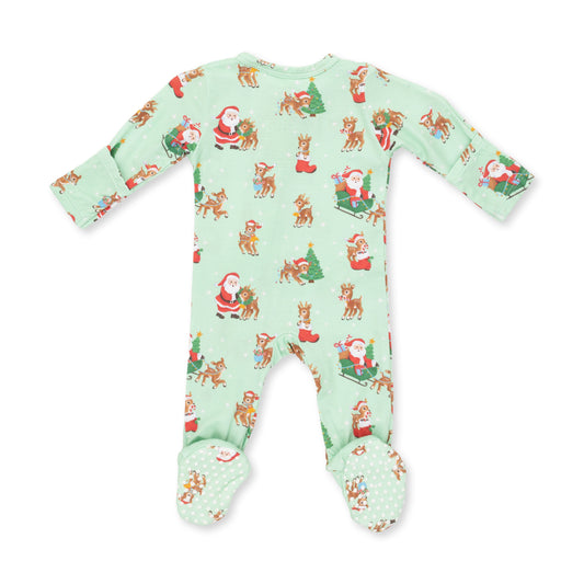 Vintage Reindeer & Santa Uni - Bamboo - 2 Way Zipper Footie