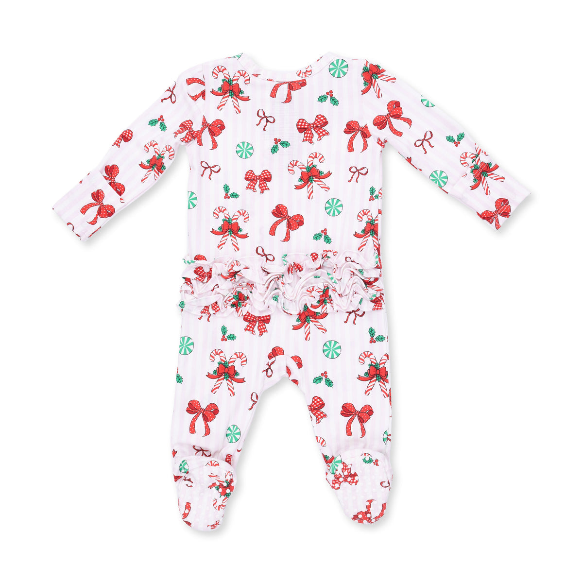Bows & Candy Canes - Bamboo - 2 Way Ruffle Back Zipper Footie