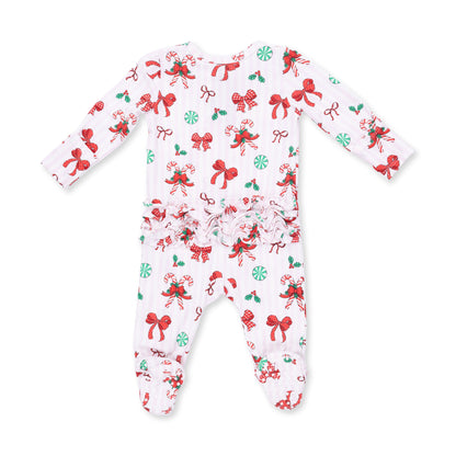 Bows & Candy Canes - Bamboo - 2 Way Ruffle Back Zipper Footie