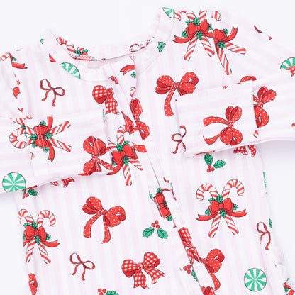 Bows & Candy Canes - Bamboo - 2 Way Ruffle Back Zipper Footie
