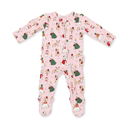 Christmas Dogs Pink - Bamboo - 2 Way Ruffle Back Zipper Footie