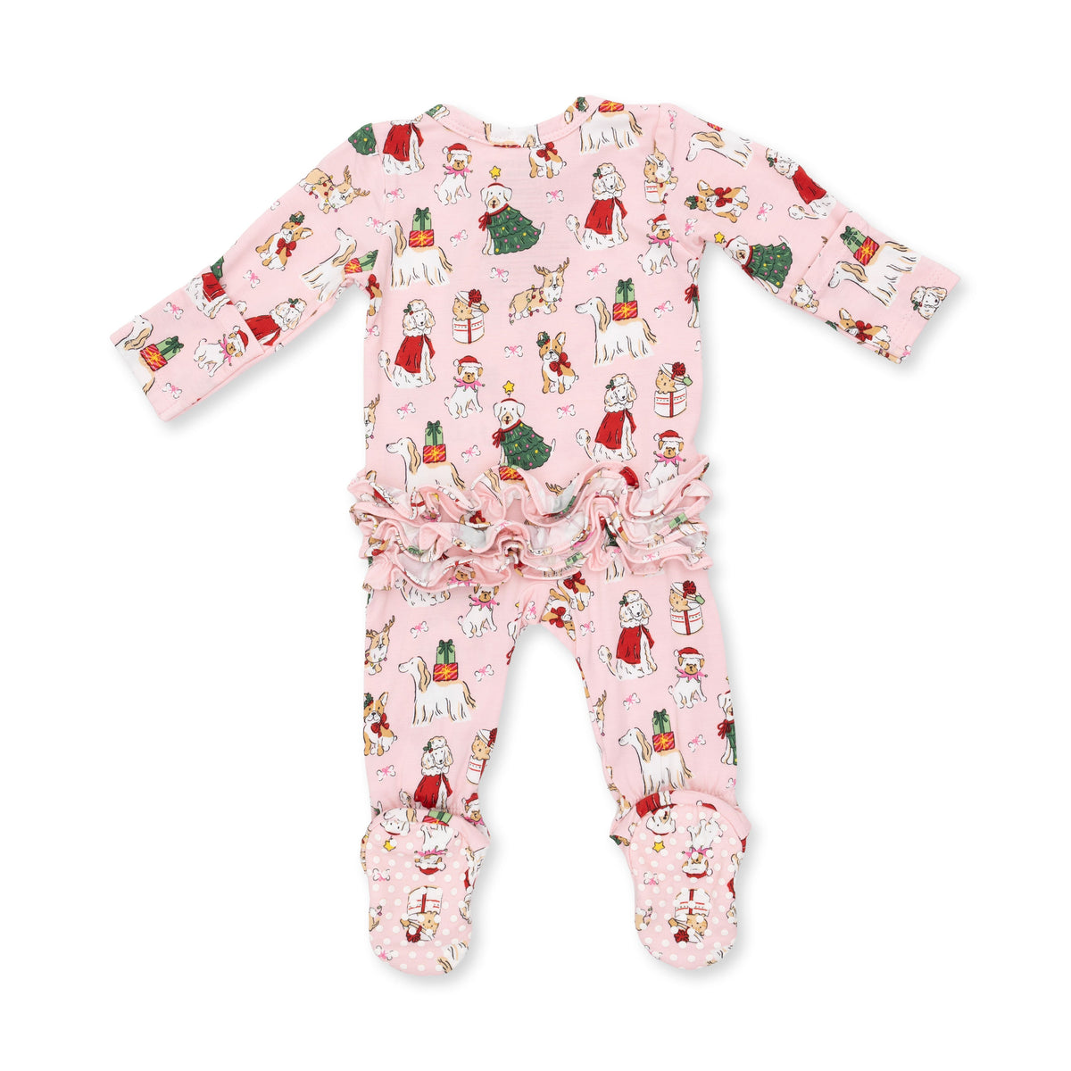 Christmas Dogs Pink - Bamboo - 2 Way Ruffle Back Zipper Footie