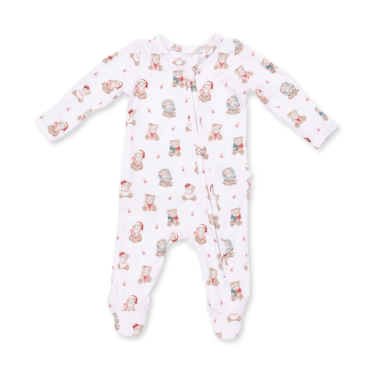 Christmas Teddy Bears Pink - Bamboo - 2 Way Ruffle Back Zipper Footie