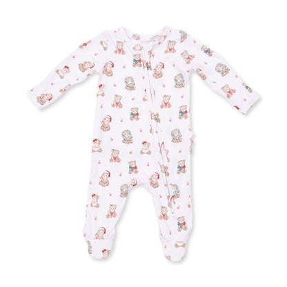 Christmas Teddy Bears Pink - Bamboo - 2 Way Ruffle Back Zipper Footie