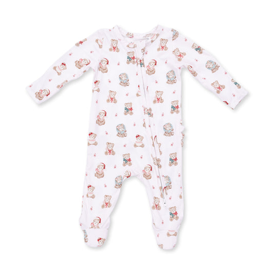 Christmas Teddy Bears Pink - Bamboo - 2 Way Ruffle Back Zipper Footie