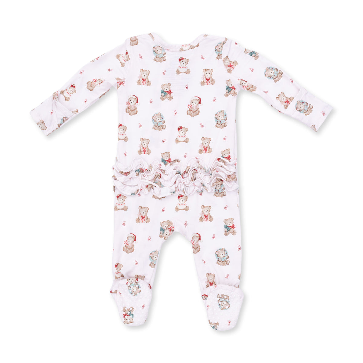 Christmas Teddy Bears Pink - Bamboo - 2 Way Ruffle Back Zipper Footie