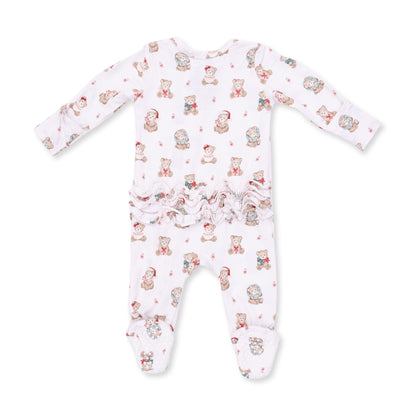 Christmas Teddy Bears Pink - Bamboo - 2 Way Ruffle Back Zipper Footie