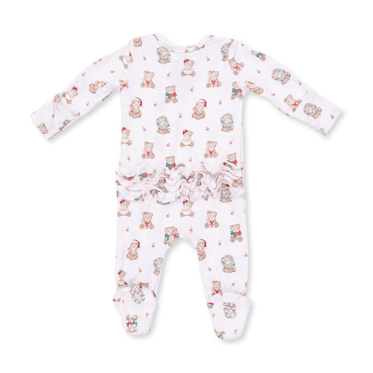 Christmas Teddy Bears Pink - Bamboo - 2 Way Ruffle Back Zipper Footie
