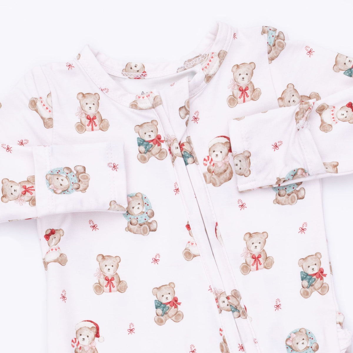 Christmas Teddy Bears Pink - Bamboo - 2 Way Ruffle Back Zipper Footie