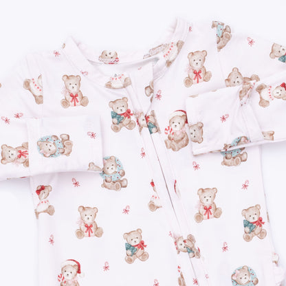 Christmas Teddy Bears Pink - Bamboo - 2 Way Ruffle Back Zipper Footie