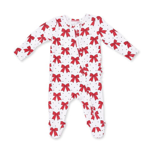 Festive Bows - Bamboo - 2 Way Ruffle Back Zipper Footie
