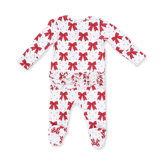 Festive Bows - Bamboo - 2 Way Ruffle Back Zipper Footie
