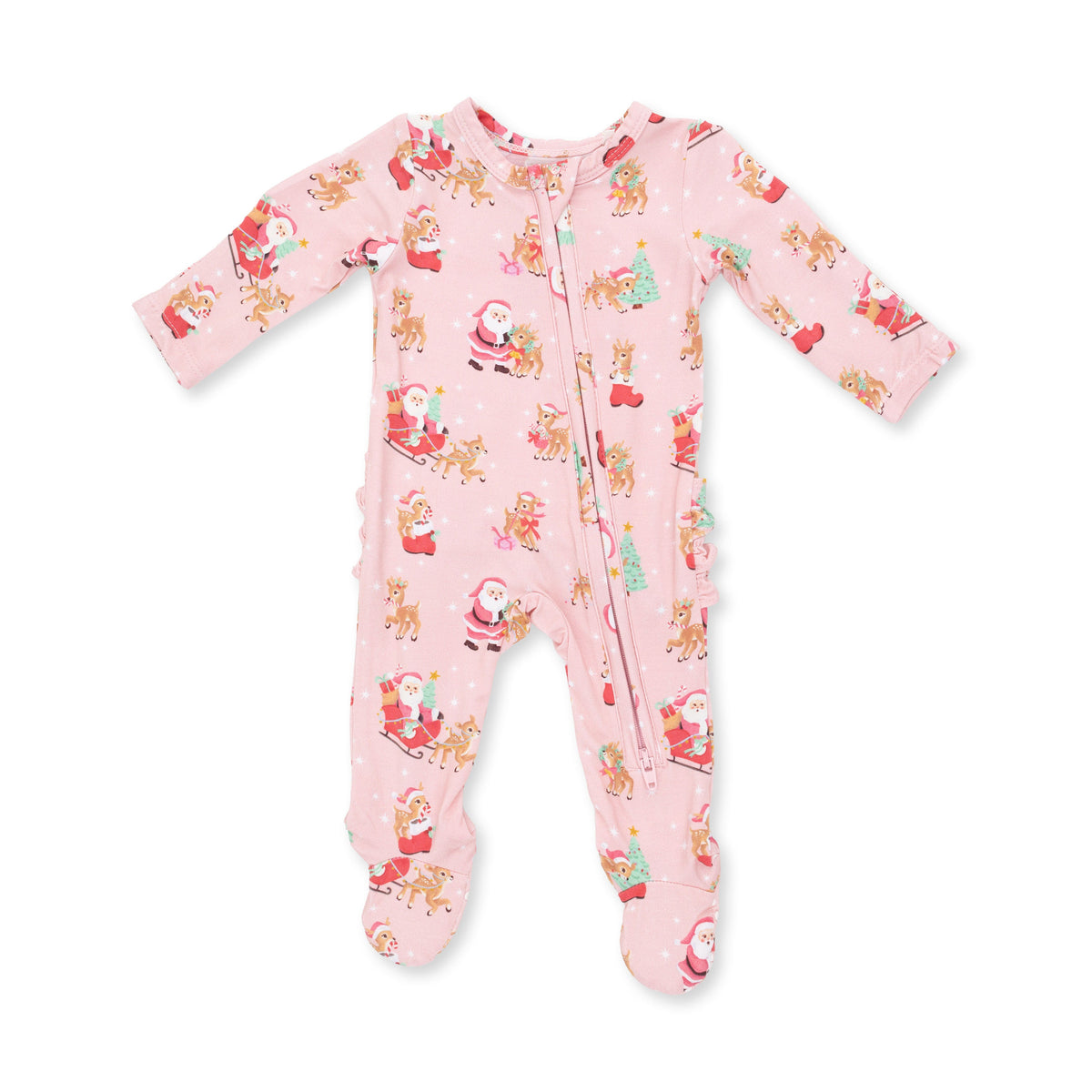 Vintage Reindeer & Santa Pink - Bamboo - 2 Way Ruffle Back Zipper Footie