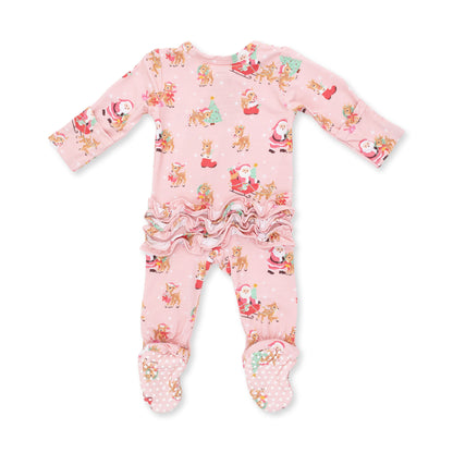 Vintage Reindeer & Santa Pink - Bamboo - 2 Way Ruffle Back Zipper Footie