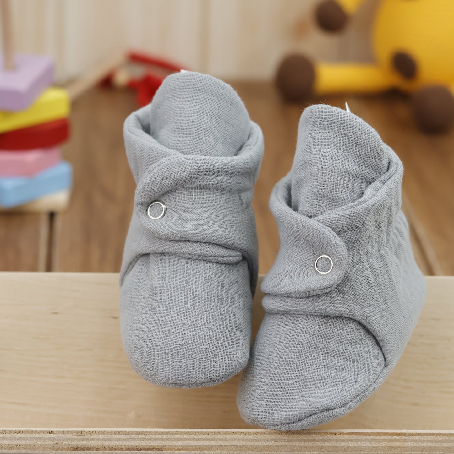 Muslin Stay On Baby Booties Gray