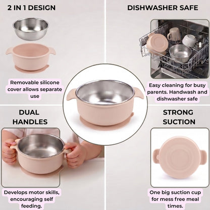 Stainless Steel Suction Bowl Set of 2 (Tofu & Pearl Blush)
