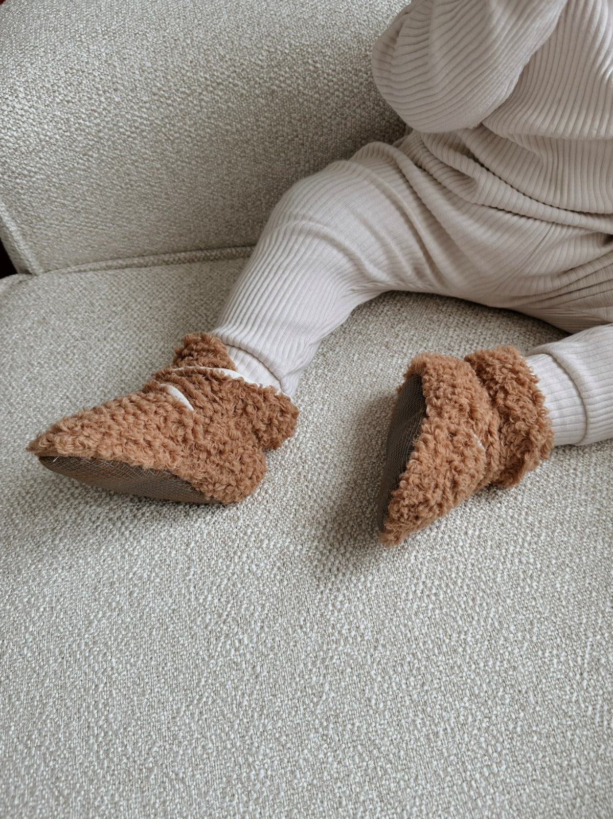 Non-Slip Sole, Organic Cotton Inner Lining,Newborn Shoes ,Tedy Booties, Light Brown Baby Booties