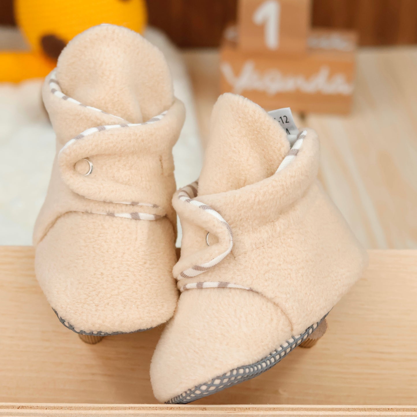 Anti-Slip Sole, Fleece Baby Booties, Newborn Home Booties, Sweat Proof Organic Cotton Lining, Beige