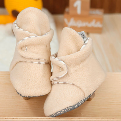Anti-Slip Sole, Fleece Baby Booties, Newborn Home Booties, Sweat Proof Organic Cotton Lining, Beige