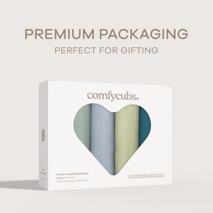 Muslin Swaddle Blankets 47” x 47” in Sage, Pacific Blue, Fern, Neptune, 4 Pack