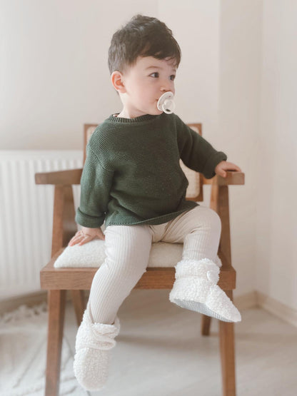Non-Slip Sole, Organic Cotton Inner Lining,Newborn Shoes ,Tedy Booties, Off White Baby Booties