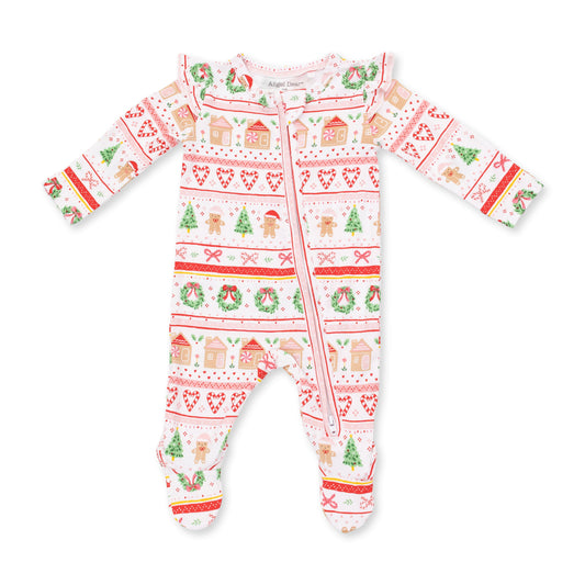 Gingerbread Fair Isle Pink - Bamboo - 2 Way Ruffle Sleeve Zipper Footie