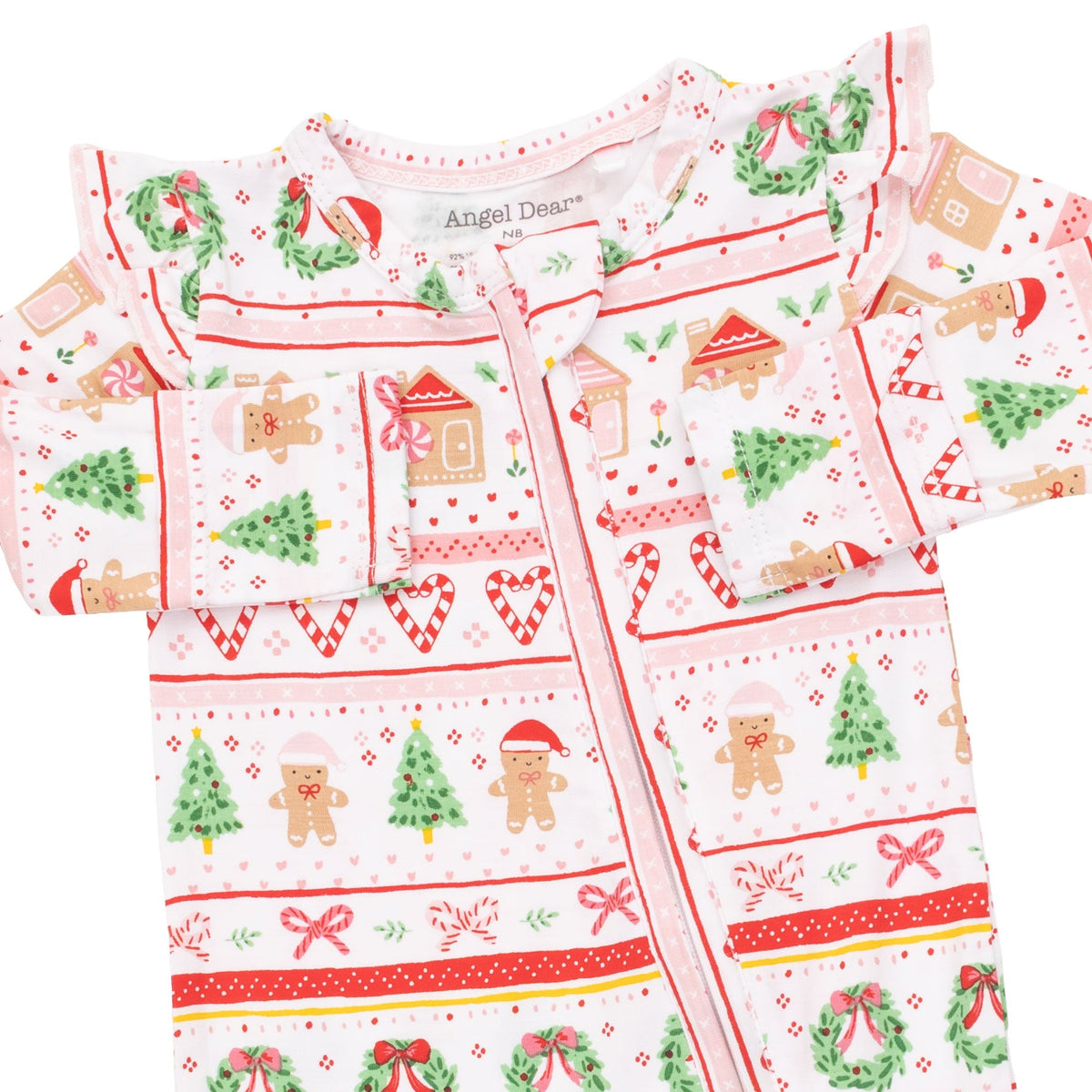 Gingerbread Fair Isle Pink - Bamboo - 2 Way Ruffle Sleeve Zipper Footie