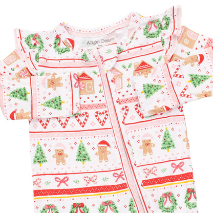 Gingerbread Fair Isle Pink - Bamboo - 2 Way Ruffle Sleeve Zipper Footie