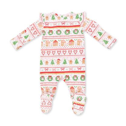 Gingerbread Fair Isle Pink - Bamboo - 2 Way Ruffle Sleeve Zipper Footie