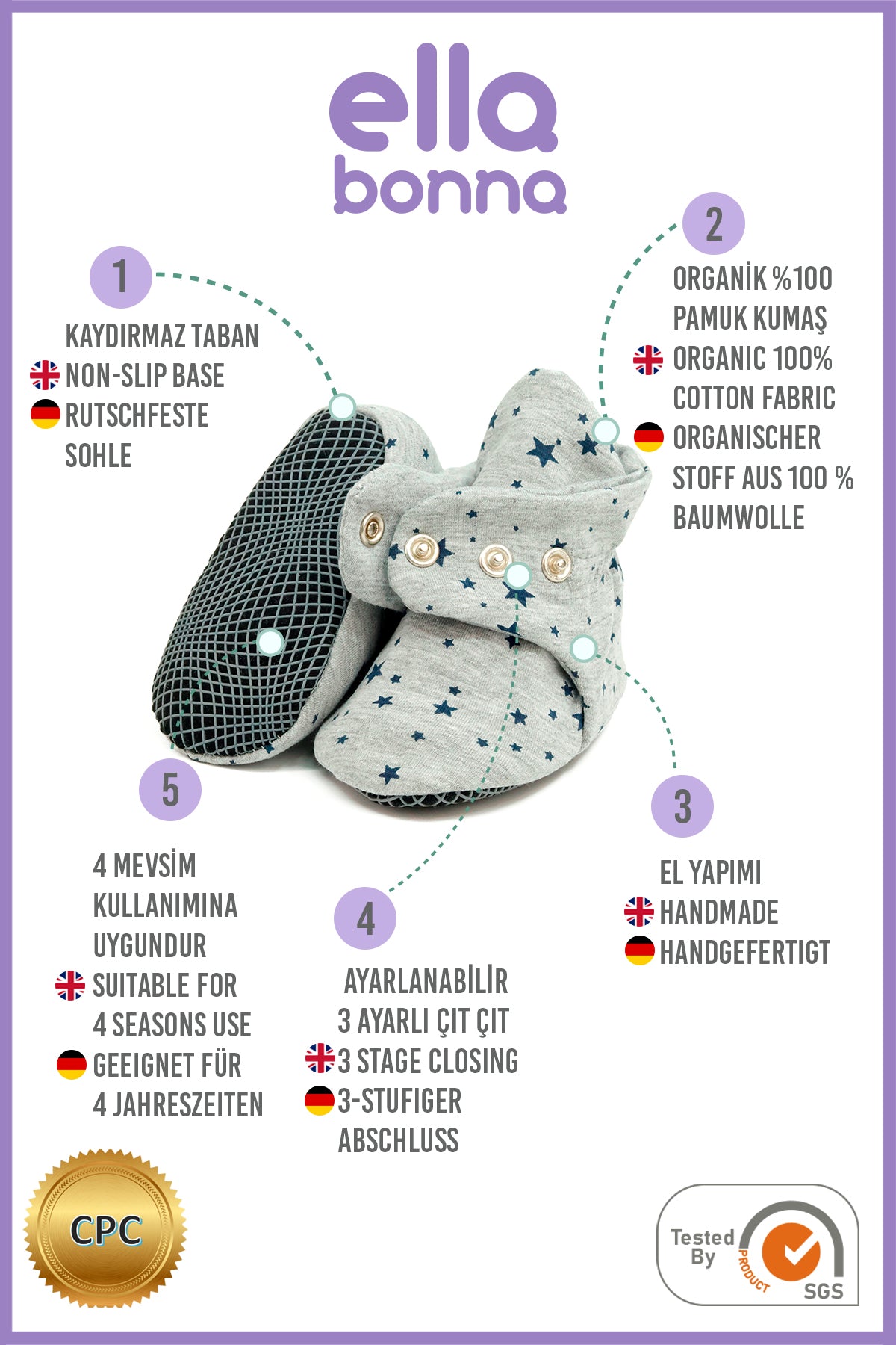 Organic Cotton Baby Booties, Non-Slip Sole, Cotton Newborn Booties Home Nursery Shoes, Star Gray