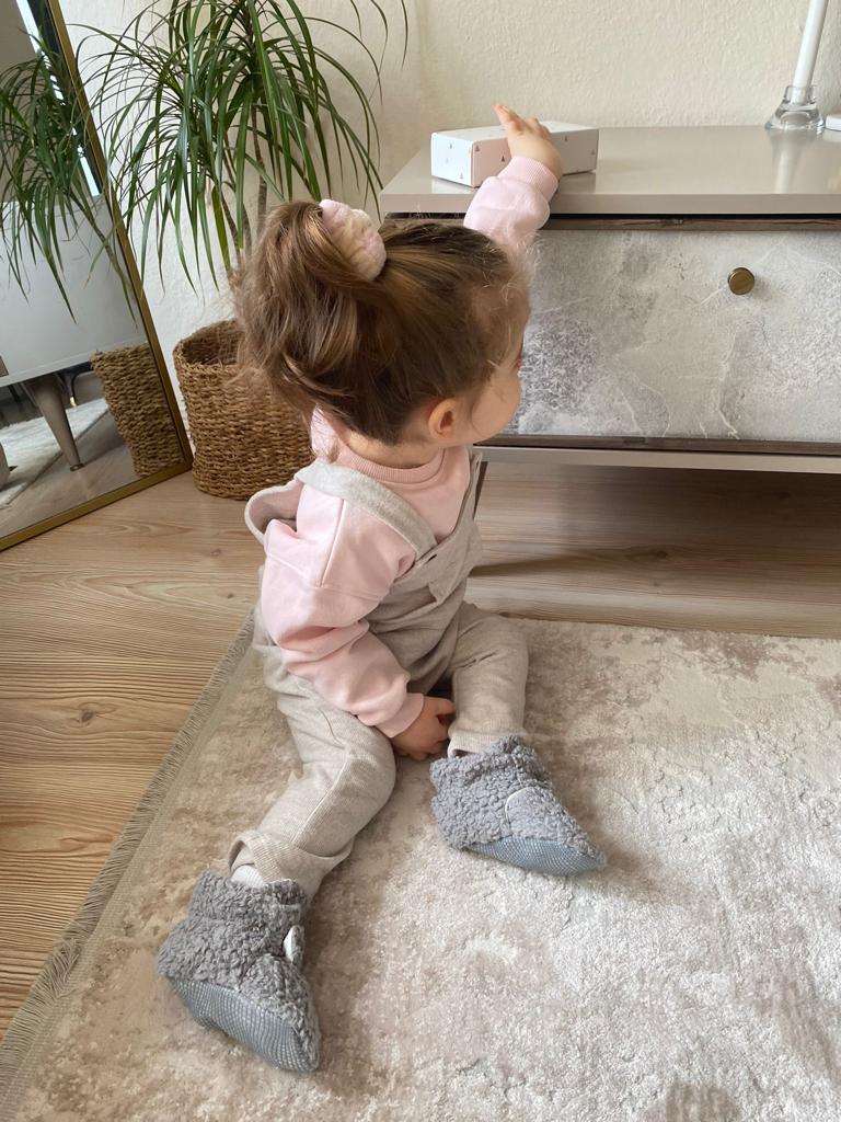 Non-Slip Sole, Organic Cotton Inner Lining,Newborn Shoes ,Tedy Booties, Gray Baby Booties