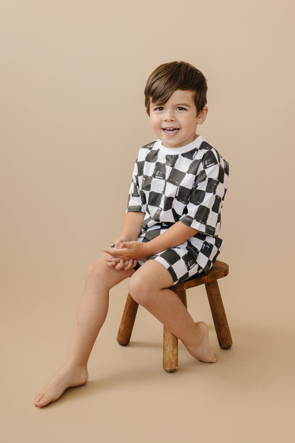 Organic Cotton Black & White Checkered Shorts Set