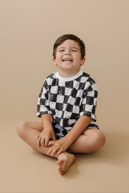 Organic Cotton Black & White Checkered Shorts Set
