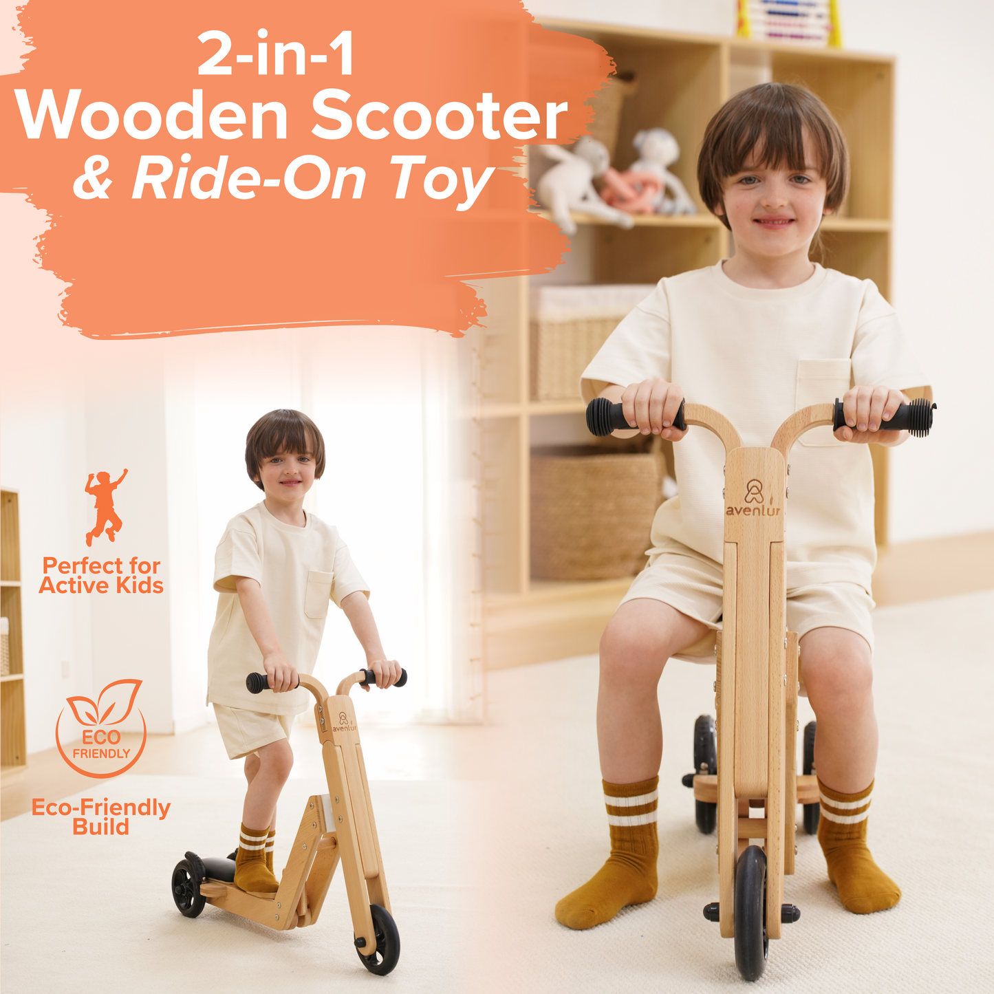 Juneberry 2-in-1 Wooden Scooter & Ride-On Toy for Toddlers