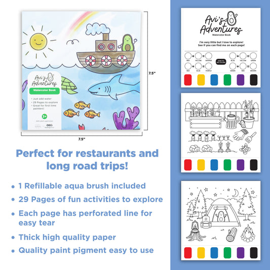 Avi's Adventures Watercolor Paint Book + Water Pen (ages 3+)