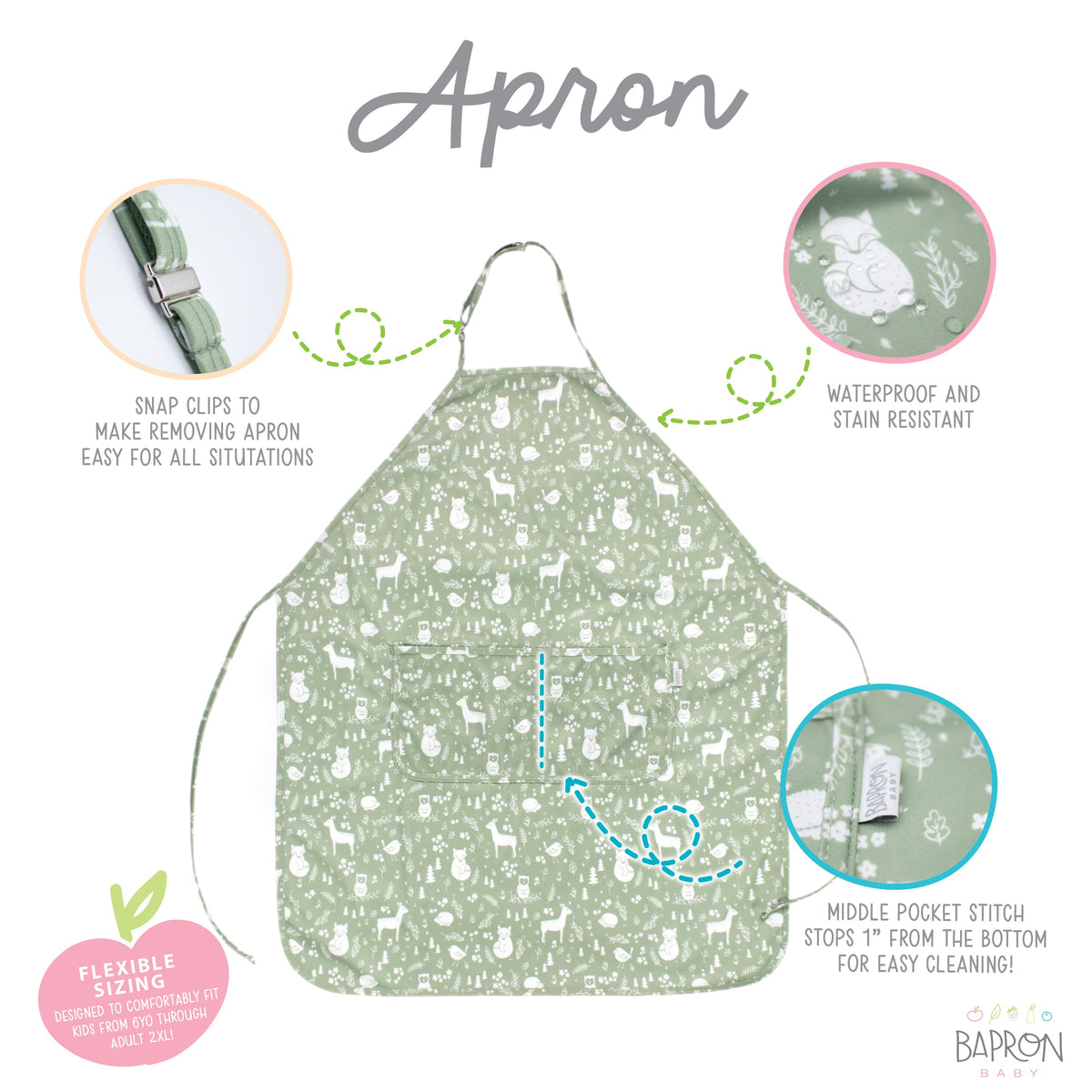 Forest Friends Apron - fits sizes youth small through adult 2XL