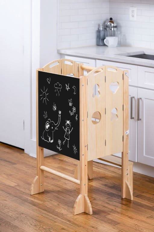Plum 3-in-1 Foldable Kitchen Tower, Step Stool & Chalkboard for Toddlers
