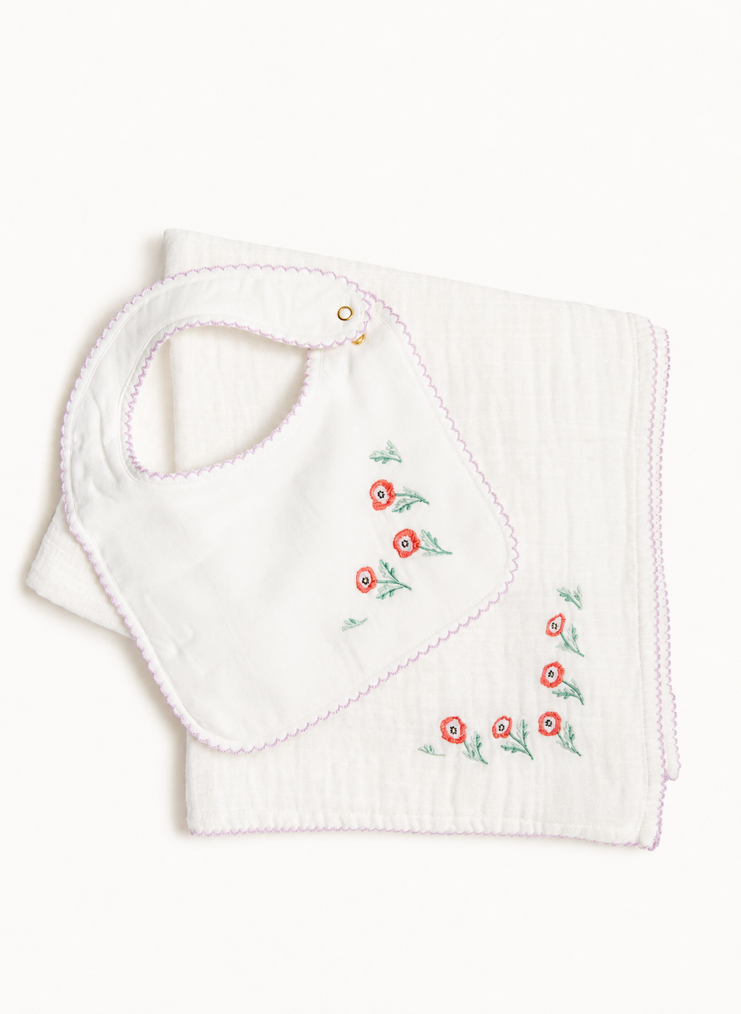 Baby Bib and Shawl Blanket - Embroidered Poppy